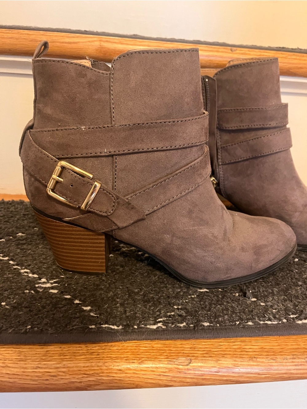 Express Taupe Suede Ankle Booties with Buckle Strap
